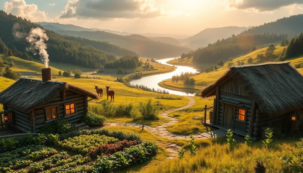 A serene and picturesque settlement in a lush green valley, ideal for survival and growth. In the foreground, a small, well-constructed wooden base with a thatched roof, featuring a smoky chimney and windows glowing warmly with lantern light. Beside the base, a garden of vibrant crops thrives, showcasing various vegetables and herbs. In the middle ground, peaceful livestock can be seen grazing, while a winding path leads to a sparkling river reflecting the sky. The background reveals rolling hills and dense forests, suggesting rich resources nearby. The scene is illuminated by soft, golden sunlight, creating an inviting and hopeful atmosphere. The angle captures a slightly elevated view, emphasizing the harmonious blend of nature and human habitation, evoking a sense of safety and prosperity.