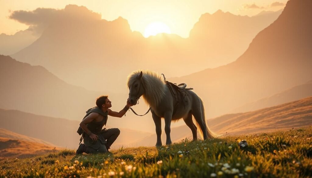 A serene fantasy scene depicting a skilled adventurer in modest, rugged attire, gently taming a majestic mount in a lush, vibrant landscape. In the foreground, the adventurer kneels beside a powerful, wild creature, their eyes locked in a moment of connection. The middle ground features rolling hills and patches of wildflowers, creating a sense of harmony between the tamer and the animal. In the background, towering mountains shrouded in mist rise against a soft golden sunset. The warm lighting bathes the scene in an inviting glow, evoking feelings of adventure and peace. The angle captures both the intimacy of the encounter and the vastness of the environment, emphasizing the bond between human and beast in the world of exploration and travel.
