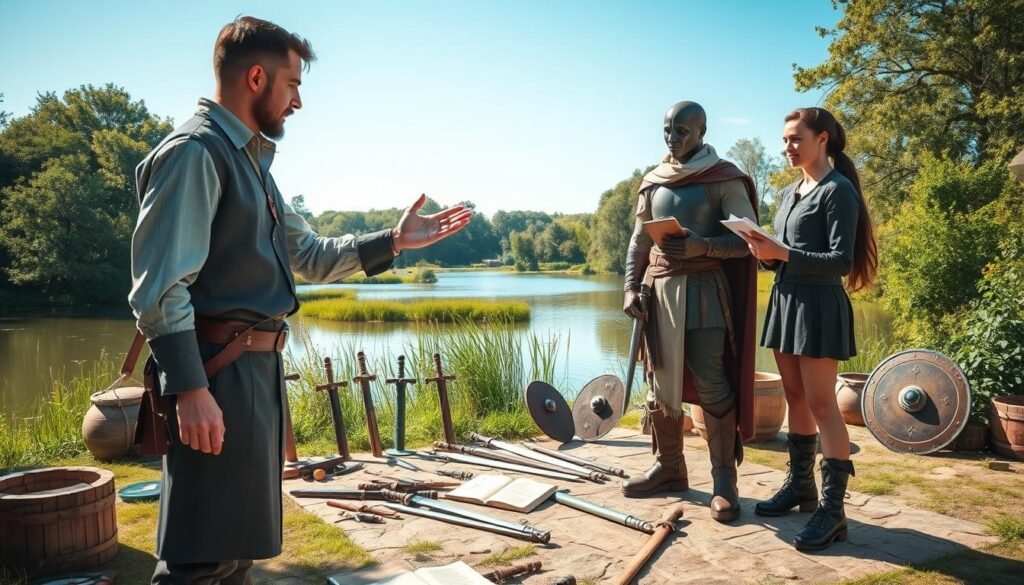A serene training area in a fantasy realm, showcasing a skilled tutor guiding a novice adventurer. In the foreground, the tutor, dressed in modest, professional attire, gestures towards a training dummy, demonstrating combat techniques. The novice, wearing casual yet practical gear, observes attentively, notebook in hand. In the middle ground, various training tools like wooden swords, shields, and spell tomes are neatly arranged, surrounded by lush greenery. The background features a tranquil lake reflecting the clear blue sky, with soft sunlight filtering through the trees, creating a warm, inviting atmosphere. The scene captures a sense of learning and progression, epitomizing a calm and focused training environment without any distractions.