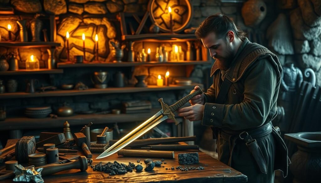 A skilled craftsman focused intently on creating equipment in a medieval fantasy workshop. In the foreground, a sturdy wooden workbench is cluttered with tools: hammers, chisels, and metal ores. The craftsman, dressed in modest, rugged attire, is seen shaping a glowing sword blade with a hammer. In the middle ground, shelves are lined with various crafted items, such as armor pieces and potions, casting enchanting shadows. The background features a stone wall with flickering torches, creating a warm, inviting atmosphere filled with the soft glow of candlelight. The entire scene reflects a sense of dedication and artistry, embodying the fundamentals of crafting in a fantasy world. The lighting is soft and warm, enhancing the creative mood of the workshop.