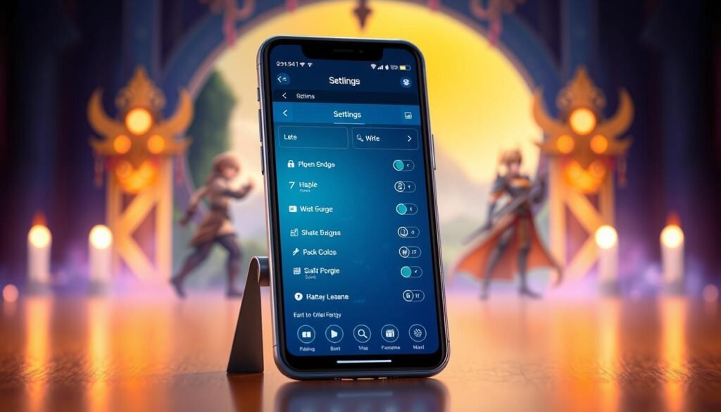 A sleek and modern mobile game interface setting for MIR4, featuring a vibrant color scheme of rich blues and golds, highlighted by soft glows and reflections. In the foreground, display a stylized smartphone tilted at a slight angle, showcasing the game’s settings menu with clearly defined icons and toggles. In the middle background, incorporate subtle character designs from the game, hinting at the MMO environment, with lush landscapes and fantasy elements. Soft ambient lighting bathes the scene, creating a welcoming and immersive atmosphere. Use a slight depth of field effect to keep the focus on the phone, while ensuring the background maintains a sense of depth, inviting users into the magical world of MIR4. A sleek and modern mobile game interface setting for MIR4, featuring a vibrant color scheme of rich blues and golds, highlighted by soft glows and reflections. In the foreground, display a stylized smartphone tilted at a slight angle, showcasing the game’s settings menu with clearly defined icons and toggles. In the middle background, incorporate subtle character designs from the game, hinting at the MMO environment, with lush landscapes and fantasy elements. Soft ambient lighting bathes the scene, creating a welcoming and immersive atmosphere. Use a slight depth of field effect to keep the focus on the phone, while ensuring the background maintains a sense of depth, inviting users into the magical world of MIR4.