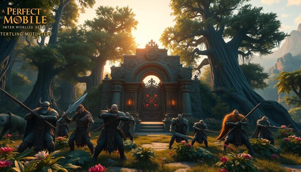 A stunning Wildling Lair scene from Perfect World Mobile, set in a mystical forest filled with lush, vibrant vegetation and towering ancient trees. In the foreground, a diverse group of wildling characters in detailed medieval armor wielding weapons, showcasing their unique appearances and expressions of determination. The middle ground features a majestic, ornate stone entrance to the lair, adorned with glowing runes and surrounded by mysterious plant life. In the background, distant mountains under a soft, golden sunset sky, bathing the scene in warm light. The atmosphere is charged with excitement and adventure, hinting at inter-server competition. The image is captured with a wide-angle lens to encompass the grand scale and depth of the environment, creating an immersive experience.