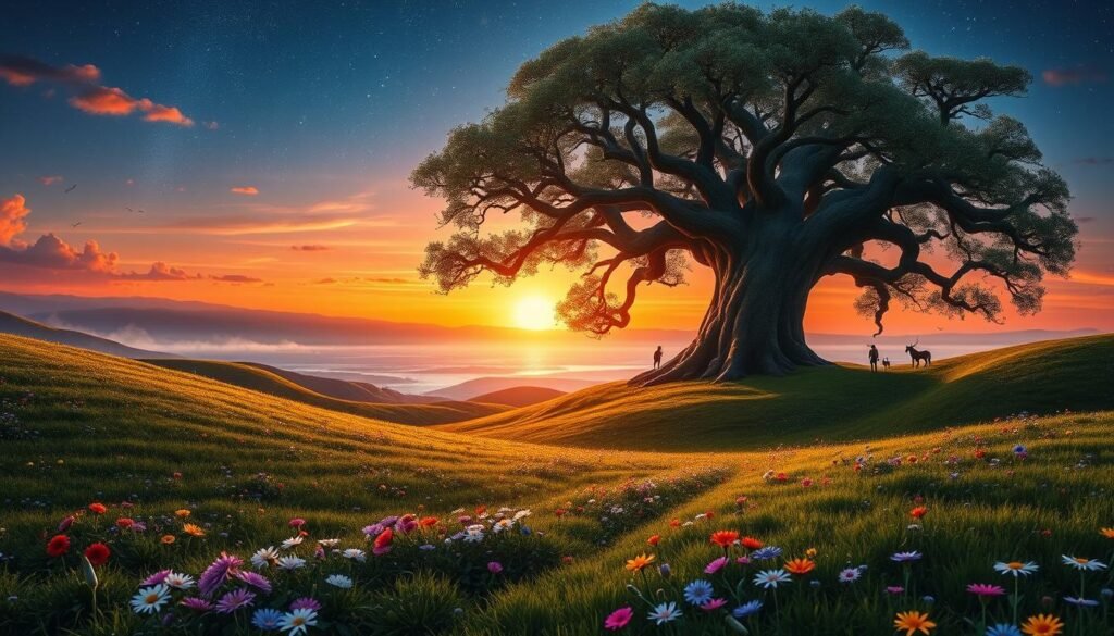 A stunning fantasy landscape that captures the essence of an enchanted realm, showcasing lush, rolling hills sprinkled with vibrant wildflowers in the foreground. In the middle, a majestic, ancient tree with sprawling branches stands tall, glowing softly with bioluminescent light, surrounded by mystical creatures like gentle fairies and noble steeds. The background features a breathtaking sunset, with warm hues of orange and purple blending into a starry night sky, hinting at the transition from day to night. Add a shimmering lake reflecting the colors of the sky, with ethereal mist rising from the water. The overall mood should evoke a sense of wonder and adventure, filled with magic and exploration. Use soft, diffused lighting to create an inviting atmosphere, as if inviting the viewer to step into this captivating world. A stunning fantasy landscape that captures the essence of an enchanted realm, showcasing lush, rolling hills sprinkled with vibrant wildflowers in the foreground. In the middle, a majestic, ancient tree with sprawling branches stands tall, glowing softly with bioluminescent light, surrounded by mystical creatures like gentle fairies and noble steeds. The background features a breathtaking sunset, with warm hues of orange and purple blending into a starry night sky, hinting at the transition from day to night. Add a shimmering lake reflecting the colors of the sky, with ethereal mist rising from the water. The overall mood should evoke a sense of wonder and adventure, filled with magic and exploration. Use soft, diffused lighting to create an inviting atmosphere, as if inviting the viewer to step into this captivating world.
