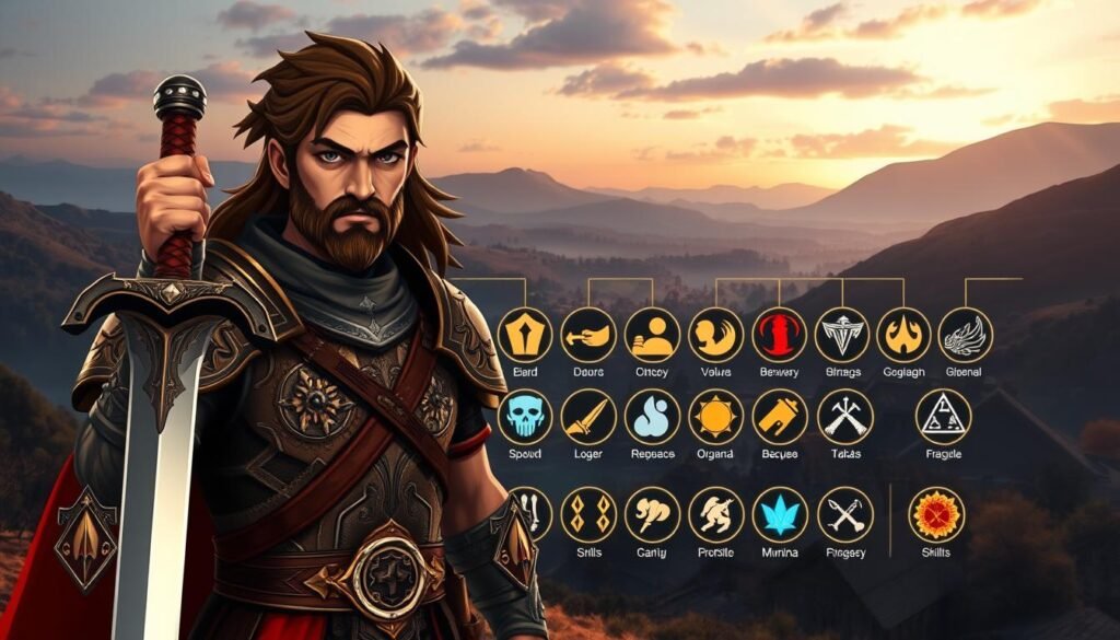 A stylized character from a fantasy role-playing game, resembling a classic Ultima Online avatar. The foreground features a determined warrior with a sword, wearing intricately designed armor that captures the essence of medieval fantasy, their expression focused and ready for battle. The middle ground displays an array of skills and attributes, represented visually by glowing symbols or icons emanating from the character, illustrating the various stats and specializations available to players. In the background, a mystical landscape includes a sprawling village with houses, trees, and rolling hills under a twilight sky, casting a warm golden light. The overall atmosphere is adventurous and inspiring, inviting players to imagine their own character creation journey.