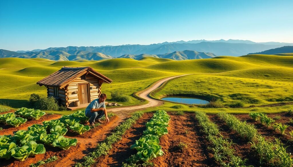 A tranquil farming beginner location, featuring a picturesque green landscape dotted with gentle rolling hills. In the foreground, a small wooden cabin with a thatched roof sits beside a vibrant vegetable garden, showcasing rows of lettuce, carrots, and herbs. A beginner farmer, dressed in modest casual clothing, kneels in the dirt, tending to the crops, exuding a sense of peaceful determination. The middle ground reveals a winding dirt path leading to a small pond, reflecting the clear blue sky. At the back, distant mountains rise softly against the horizon, bathed in warm golden sunlight, creating a serene and inviting atmosphere. The image captures the essence of a safe and promising start for new players, inspiring a feeling of hope and potential in their farming journey.