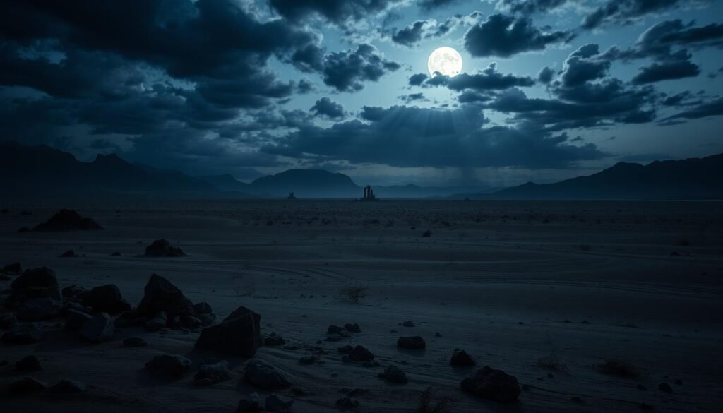 A vast black desert landscape, stretching endlessly under a twilight sky filled with dark clouds. In the foreground, scattered jagged rocks and dried vegetation create a sense of ruggedness. The middle ground features distant silhouettes of ancient ruins, hinting at lost civilizations. In the background, shadowy mountains loom, casting long shadows across the sand. The scene is illuminated by ethereal, diffused moonlight, giving everything a surreal glow, while faint sparks of fantasy magic light up the air. The atmosphere is mysterious and enchanting, inviting exploration. This image should encapsulate the essence of "Black Desert Online" as an Asian sandbox game. The perspective should evoke a sense of immersion, with a wide-angle lens capturing the breadth of the landscape. Place the brand name "tylkommo.pl" subtly within the image. A vast black desert landscape, stretching endlessly under a twilight sky filled with dark clouds. In the foreground, scattered jagged rocks and dried vegetation create a sense of ruggedness. The middle ground features distant silhouettes of ancient ruins, hinting at lost civilizations. In the background, shadowy mountains loom, casting long shadows across the sand. The scene is illuminated by ethereal, diffused moonlight, giving everything a surreal glow, while faint sparks of fantasy magic light up the air. The atmosphere is mysterious and enchanting, inviting exploration. This image should encapsulate the essence of "Black Desert Online" as an Asian sandbox game. The perspective should evoke a sense of immersion, with a wide-angle lens capturing the breadth of the landscape. Place the brand name "tylkommo.pl" subtly within the image.