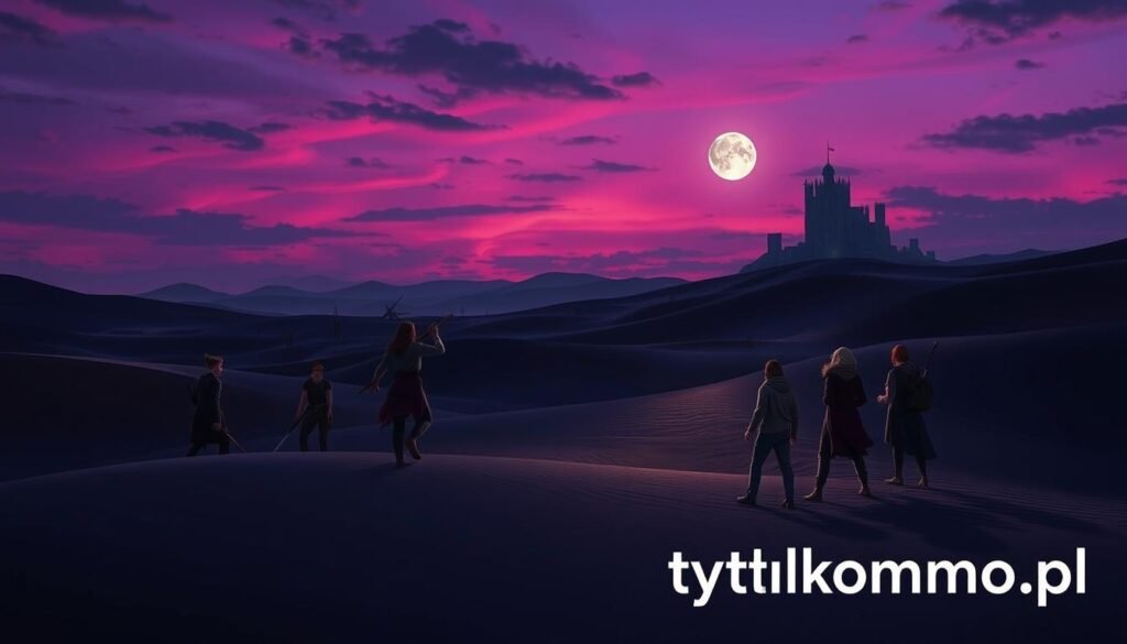 A vast black desert stretches across the scene, with rolling dunes of deep ebony sand glimmering under an ethereal twilight sky filled with vibrant hues of purple and indigo. In the foreground, a group of diverse adventurers in modest casual clothing is engaged in a classic grind, battling shadowy creatures that rise from the ground, representing the persistent challenges of long-standing MMORPGs. The midground features a distant, ancient fortress, crumbling but majestic, hinting at the rich history of the game world. Soft moonlight casts a mystical glow on the landscape, creating dramatic shadows while illuminating the determined faces of the players. The atmosphere conveys a sense of camaraderie and adventure, embodying the essence of a thriving gaming community. Featured prominently in the bottom corner is the logo "tylkommo.pl," subtly integrated into the sandy terrain.