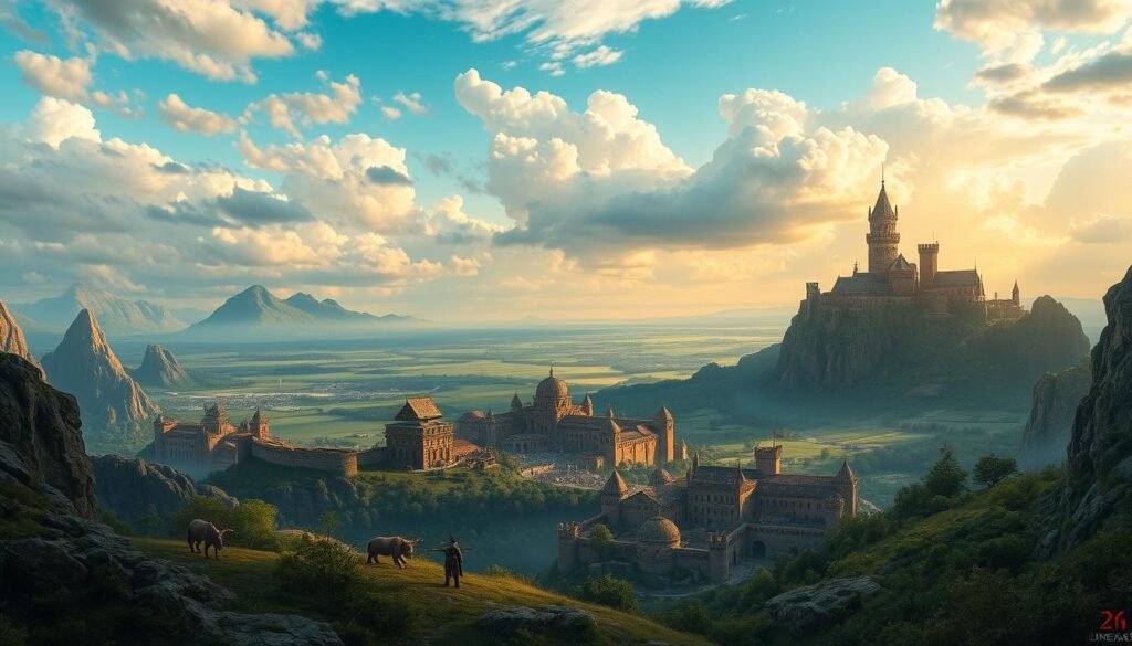 A vast, immersive fantasy world inspired by Lineage2M, showcasing two distinct continents of Aden. In the foreground, a detailed landscape features rugged mountains and lush forests, with mythical creatures grazing peacefully. In the middle ground, a bustling medieval town with stone architecture and NPCs in typical fantasy attire engages in trade and questing. Majestic castles rise in the distance, bordered by sprawling green valleys. The background captures a dynamic sky filled with dramatic clouds, suggesting the time of day is either dawn or dusk, with warm golden light illuminating the scene. The atmosphere is lively yet serene, inviting players to explore the seamless, open world of Lineage2M. The image should be composed with a slight bird's-eye angle to emphasize the grandeur of the landscapes, creating a sense of adventure.