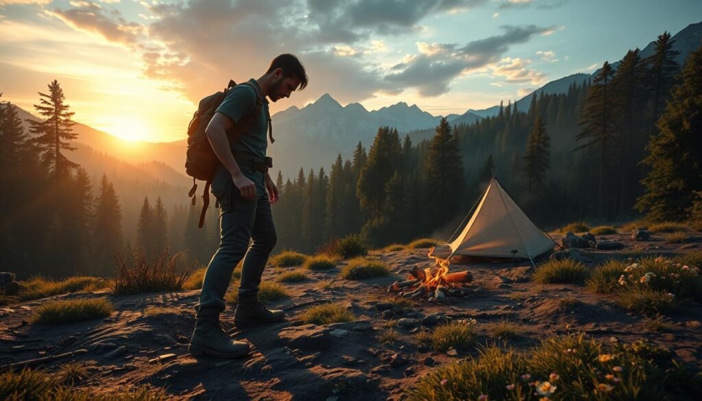 A vast open-world landscape surrounded by dense forests and towering mountains, showcasing a vibrant ecosystem teeming with life. In the foreground, a rugged adventurer in modest casual clothing, equipped with survival gear, carefully examines fresh footprints on a muddy trail. In the middle ground, a small campsite featuring a crackling campfire and a tent blends seamlessly with the natural surroundings, with smoke rising gently into the air. In the background, the sun begins to set, casting warm golden light over the scene, illuminating patches of wildflowers and distant wildlife. The atmosphere is tense yet hopeful, embodying the thrill of survival adventures in a living, breathing world. A subtle mist begins to envelop the landscape, enhancing the sense of mystery. Ideal for the article "Gry MMO na PC z najlepszym klimatem – tutaj świat naprawdę żyje". Brand name: tylkommo.pl. A vast open-world landscape surrounded by dense forests and towering mountains, showcasing a vibrant ecosystem teeming with life. In the foreground, a rugged adventurer in modest casual clothing, equipped with survival gear, carefully examines fresh footprints on a muddy trail. In the middle ground, a small campsite featuring a crackling campfire and a tent blends seamlessly with the natural surroundings, with smoke rising gently into the air. In the background, the sun begins to set, casting warm golden light over the scene, illuminating patches of wildflowers and distant wildlife. The atmosphere is tense yet hopeful, embodying the thrill of survival adventures in a living, breathing world. A subtle mist begins to envelop the landscape, enhancing the sense of mystery. Ideal for the article "Gry MMO na PC z najlepszym klimatem – tutaj świat naprawdę żyje". Brand name: tylkommo.pl.