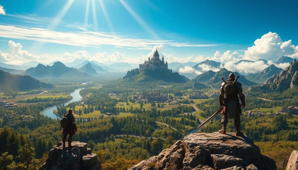 A vast open-world landscape teeming with adventure, showcasing a rich terrain of lush forests, towering mountains, and winding rivers under a vibrant blue sky. In the foreground, an armored hero stands atop a rocky outcrop, gazing into the distance, ready to explore. The middle ground features diverse biomes—verdant valleys, sinister caves, and ancient ruins that hint at undiscovered treasures. In the background, a majestic castle looms over the landscape, surrounded by clouds. Golden sunlight beams down, creating an enchanting atmosphere, while dappled shadows dance on the ground. The perspective is slightly elevated, giving a panoramic view of this expansive world, inviting players into a grand adventure reminiscent of epic MMOs.
