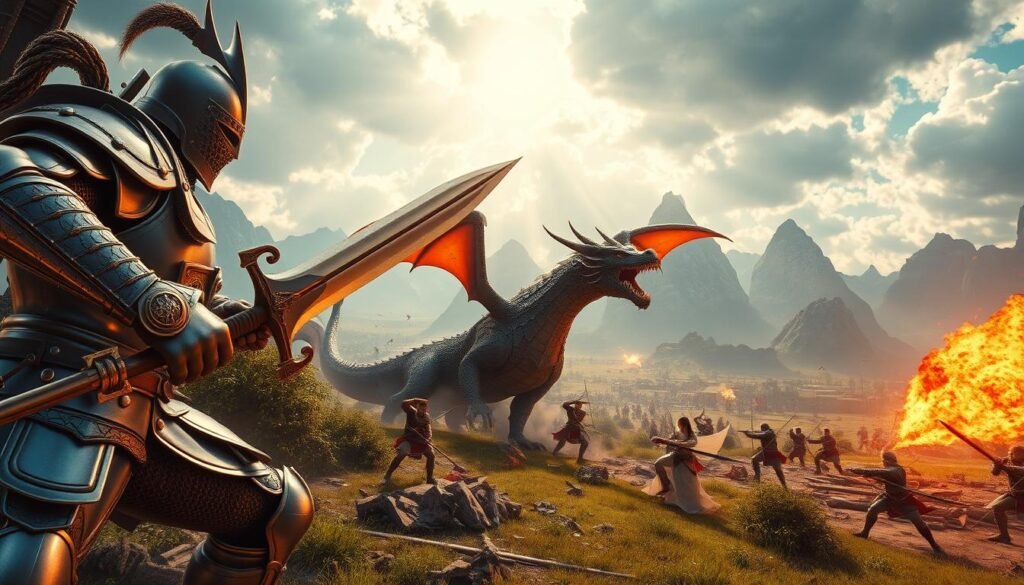 A vibrant 3D battle scene in a fantastical world, showcasing a dynamic clash between armored warriors and mythical creatures. In the foreground, a fierce knight, clad in intricate metallic armor, wields a glowing sword, while a majestic dragon looms nearby, breathing fire. The middle ground features an expansive battlefield with scattered debris, alongside agile archers taking strategic positions among lush greenery. The background reveals towering mountains and a vast sky with dramatic clouds, hinting at an open world ripe for exploration. The lighting is intense and cinematic, with rays of sunlight breaking through the clouds, creating an epic atmosphere filled with tension and excitement. Use a wide-angle lens perspective to accentuate the scale and depth of the landscape, evoking a sense of freedom in movement and adventure.