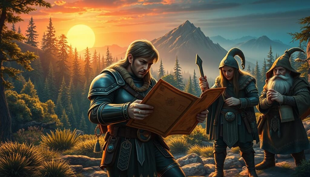 A vibrant Dungeons & Dragons scene depicting a diverse group of adventurers engaging in a classic quest. In the foreground, a brave human warrior in polished armor is consulting a worn map, flanked by a wise elf mage casting a subtle spell and a resourceful dwarf cleric checking their gear. The middle ground features a lush, enchanted forest with fantastical creatures peeking from behind trees, and a distant mountain range under a radiant, magical sunset. The mood is adventurous and inquisitive, filled with camaraderie and excitement. Soft, ambient lighting illuminates the characters, creating a sense of urgency and wonder. The angle captures a slightly lower perspective, emphasizing the adventurers' determination as they prepare to embark on their journey.