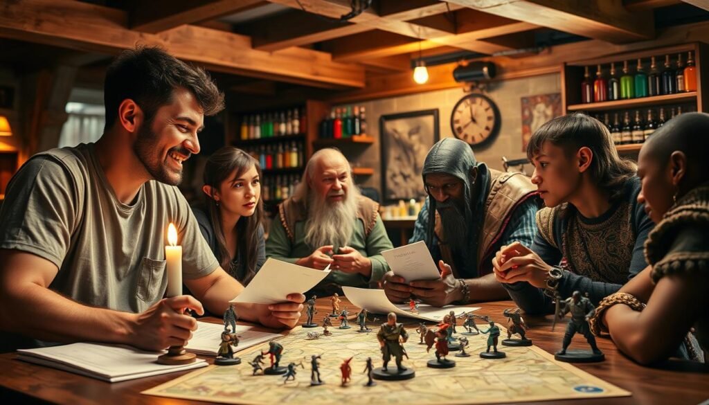 A vibrant Dungeons & Dragons scene featuring a diverse group of adventurers huddled around a table, deep in conversation over character sheets and miniature figurines. In the foreground, two players—a human male in a casual t-shirt and a female elf in modest clothing—are animatedly discussing strategies for their next quest, with a lit candle illuminating their expressions. In the middle ground, a dwarf is rolling dice, while a tiefling studies a map spread across the table. The background reveals a cozy tavern setting, with wooden beams and shelves filled with colorful potion bottles, creating a warm and inviting atmosphere. Soft, warm lighting casts gentle shadows, enhancing the scene's intimacy and camaraderie, with a slight tilt angle that adds depth and dynamism to the composition.