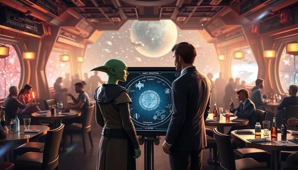 A vibrant Star Wars-inspired scene showcasing a diverse group of characters, including a Twi'lek and a human, in professional attire, engaged in a quest briefing in a bustling cantina. In the foreground, the characters are gathered around a holographic display of a star map, emphasizing cooperative gameplay and strategy. The middle ground features various tables occupied by other adventurers discussing quests and trades. The background reveals starships and a twinkling galaxy visible through the cantina windows, creating an immersive atmosphere. Soft, colorful lighting casts a welcoming glow, while lens flare effects add depth to the scene. The mood is energetic and adventurous, capturing the essence of starting a journey in Star Wars Galaxies.