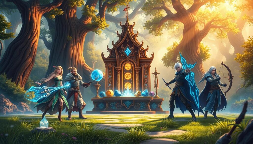 A vibrant and detailed illustration depicting a fantasy RPG setting focused on character development and skills in an MMORPG. In the foreground, a diverse group of four characters, each representing different classes (like a mage, warrior, archer, and healer), showcases their unique skills through dynamic poses, surrounded by glowing icons representing various skills and talents. In the middle ground, an ornate altar displays relics and mystical artifacts, glimmering under a soft, ethereal light. The background features a lush, enchanted forest with towering trees and fading sunlight filtering through the leaves. The mood is adventurous and magical, evoking a sense of teamwork and exploration. The scene is framed with a slightly elevated angle to capture the action and depth, utilizing warm, inviting colors to enhance the camaraderie and excitement. A vibrant and detailed illustration depicting a fantasy RPG setting focused on character development and skills in an MMORPG. In the foreground, a diverse group of four characters, each representing different classes (like a mage, warrior, archer, and healer), showcases their unique skills through dynamic poses, surrounded by glowing icons representing various skills and talents. In the middle ground, an ornate altar displays relics and mystical artifacts, glimmering under a soft, ethereal light. The background features a lush, enchanted forest with towering trees and fading sunlight filtering through the leaves. The mood is adventurous and magical, evoking a sense of teamwork and exploration. The scene is framed with a slightly elevated angle to capture the action and depth, utilizing warm, inviting colors to enhance the camaraderie and excitement.