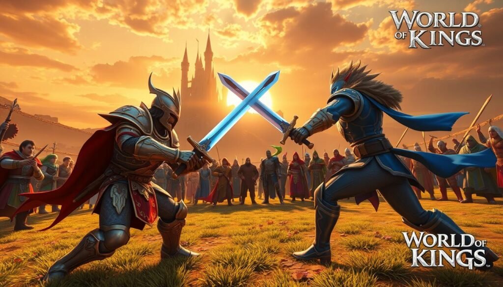 A vibrant and dynamic PvP arena scene from the game "World of Kings." In the foreground, two armored warriors engage in an intense duel, wielding glowing swords. One warrior is clad in ornate gold and red armor, and the other in sleek blue and silver. In the middle ground, a diverse group of characters from various races (humans, elves, and dwarves) cheer from the sidelines, dressed in colorful medieval attire. The background features a fantastical landscape with towering castles and mystical landscapes under a dramatic sunset, casting warm golden light across the battlefield. The atmosphere is charged with energy and excitement, conveying the thrill of real-time combat. The image is captured from a low angle to emphasize the action and grandeur of the arena.