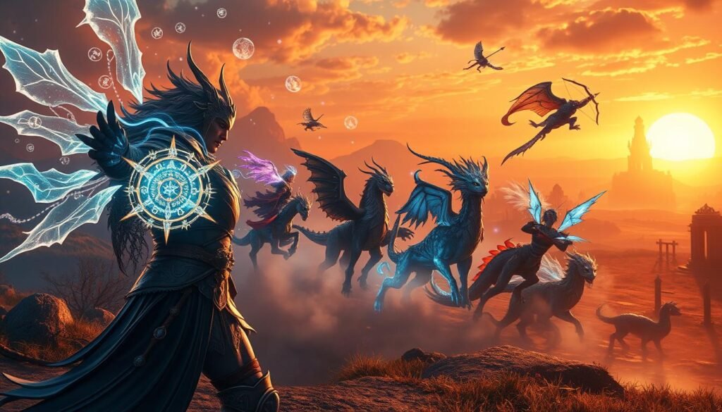 A vibrant and dynamic depiction of a "battle spirit system" in a fantasy MMO environment. In the foreground, a heroic character in detailed armor is channeling an ethereal spirit, glowing brightly, with intricate runes swirling around. The middle ground features an array of diverse fantasy creatures, embodying different classes such as mage, warrior, and archer, each with unique visual traits and energy auras. The background showcases a sprawling, mystical landscape with ancient ruins and magical elements, bathed in a vivid sunset glow that casts dramatic shadows. The atmosphere is electric and adventurous, capturing the essence of teamwork and character progression. The scene should utilize soft, cinematic lighting to enhance the magical feel, with a slightly low angle to give a sense of impending action.