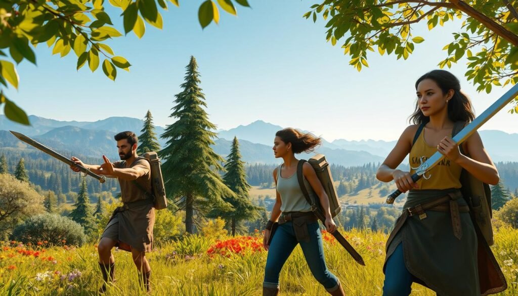 A vibrant and dynamic scene depicting a group of diverse multiplayer players engaged in a cooperative quest in a fantasy world. In the foreground, three characters, two men and a woman, are depicted in modest casual clothing that reflects their unique styles. One character is casting a spell, while another is wielding a sword, showcasing their distinct roles. The middle ground features lush greenery and vibrant landscapes, hinting at the game's expansive environment, with towering trees and colorful flowers. In the background, distant mountains rise against a clear blue sky. The lighting is warm and inviting, suggesting late afternoon, with soft sunlight filtering through the leaves. The overall mood is one of camaraderie and adventure, inviting viewers into the collaborative spirit of multiplayer gaming. A vibrant and dynamic scene depicting a group of diverse multiplayer players engaged in a cooperative quest in a fantasy world. In the foreground, three characters, two men and a woman, are depicted in modest casual clothing that reflects their unique styles. One character is casting a spell, while another is wielding a sword, showcasing their distinct roles. The middle ground features lush greenery and vibrant landscapes, hinting at the game's expansive environment, with towering trees and colorful flowers. In the background, distant mountains rise against a clear blue sky. The lighting is warm and inviting, suggesting late afternoon, with soft sunlight filtering through the leaves. The overall mood is one of camaraderie and adventure, inviting viewers into the collaborative spirit of multiplayer gaming.