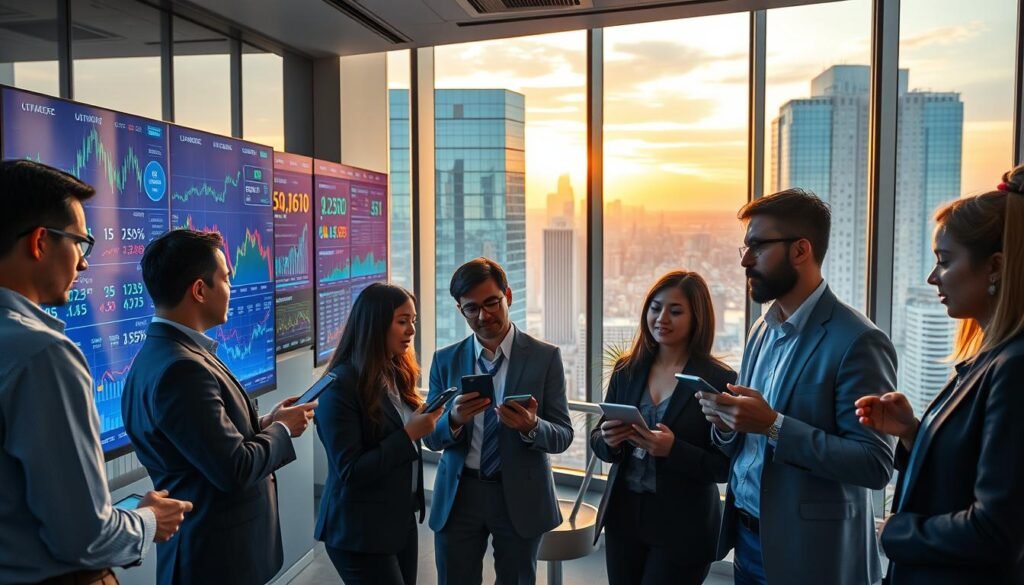 A vibrant and dynamic scene depicting a unified market environment for digital trading. In the foreground, a diverse group of professionals in business attire is engaged in animated discussions, analyzing data on portable devices. The middle ground features digital screens showcasing fluctuating graphs, exchange rates, and currency icons, reflecting a busy trading atmosphere. The background reveals a sleek, futuristic office space with large windows overlooking a bustling cityscape, bathed in warm evening light, giving a sense of optimism. The overall mood is one of innovation and collaboration, emphasizing the importance of security in marketplace exchanges. The composition should be well-balanced, with a focus on clarity and professionalism in every detail, conveying the essence of a safe, thriving trading environment. A vibrant and dynamic scene depicting a unified market environment for digital trading. In the foreground, a diverse group of professionals in business attire is engaged in animated discussions, analyzing data on portable devices. The middle ground features digital screens showcasing fluctuating graphs, exchange rates, and currency icons, reflecting a busy trading atmosphere. The background reveals a sleek, futuristic office space with large windows overlooking a bustling cityscape, bathed in warm evening light, giving a sense of optimism. The overall mood is one of innovation and collaboration, emphasizing the importance of security in marketplace exchanges. The composition should be well-balanced, with a focus on clarity and professionalism in every detail, conveying the essence of a safe, thriving trading environment.
