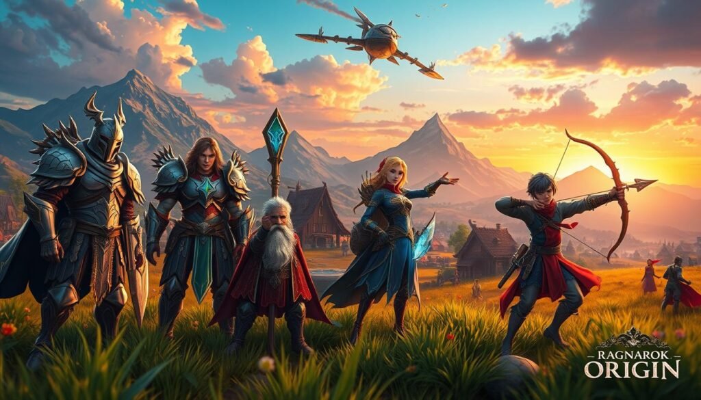 A vibrant and dynamic scene showcasing characters from the "Ragnarok Origin" app on a lush, fantasy landscape typical of MMORPGs. In the foreground, a diverse group of adventurers, including a visually striking knight adorned in intricate armor, a wise mage with a glowing staff, and a lively archer with a bow, are preparing to embark on their journey. The middle ground features a quaint village with charming cottages and bustling NPCs interacting. The background reveals majestic mountains and a colorful sky at sunset, casting a warm golden light over the entire scene. The mood is adventurous and nostalgic, evoking a sense of wonder and excitement. Use a shallow depth of field to focus sharply on the characters while softly blurring the village and mountains.