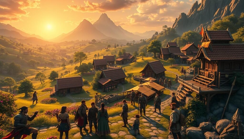 A vibrant and enchanting fantasy world, showcasing a lush, sprawling valley dotted with quaint village structures and majestic mountains in the distance. In the foreground, a group of diverse characters in modest and colorful attire engages with each other, representing various classes such as warriors, healers, and artisans, each with unique tools and gear. The middle ground features charming cottages with blooming gardens, lively market stalls, and wandering NPCs, infused with a sense of camaraderie and adventure. In the background, a golden sunset bathes the scene in warm light, casting long shadows and enhancing the magical atmosphere. The composition should evoke a sense of nostalgia and community, with a focus on the intricate details of the environment. Capture this world with a wide-angle lens for depth and grandeur. A vibrant and enchanting fantasy world, showcasing a lush, sprawling valley dotted with quaint village structures and majestic mountains in the distance. In the foreground, a group of diverse characters in modest and colorful attire engages with each other, representing various classes such as warriors, healers, and artisans, each with unique tools and gear. The middle ground features charming cottages with blooming gardens, lively market stalls, and wandering NPCs, infused with a sense of camaraderie and adventure. In the background, a golden sunset bathes the scene in warm light, casting long shadows and enhancing the magical atmosphere. The composition should evoke a sense of nostalgia and community, with a focus on the intricate details of the environment. Capture this world with a wide-angle lens for depth and grandeur.