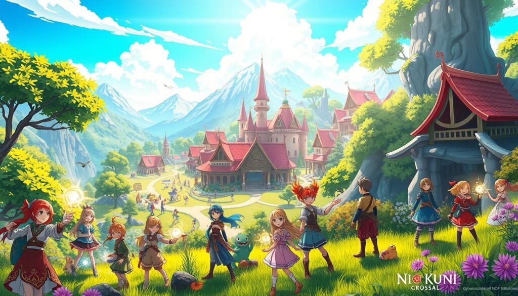 A vibrant and enchanting scene inspired by "Ni no Kuni: Cross Worlds," showcasing a dynamic anime-style landscape. In the foreground, a diverse group of adventurers, dressed in colorful, whimsical fantasy attire, engage in various activities like magical spellcasting and exploring lush environments. In the middle ground, there's a whimsical village filled with charming, animated creatures and fantastical buildings, hinting at an immersive MMO world. The background reveals majestic mountains and a bright sky, creating an inviting atmosphere. Soft, ambient lighting enhances the magical vibe, with a focus on bright colors and intricate details. The composition should be cinematic, capturing the spirit of adventure and camaraderie while avoiding any text, overlays, or signatures. A vibrant and enchanting scene inspired by "Ni no Kuni: Cross Worlds," showcasing a dynamic anime-style landscape. In the foreground, a diverse group of adventurers, dressed in colorful, whimsical fantasy attire, engage in various activities like magical spellcasting and exploring lush environments. In the middle ground, there's a whimsical village filled with charming, animated creatures and fantastical buildings, hinting at an immersive MMO world. The background reveals majestic mountains and a bright sky, creating an inviting atmosphere. Soft, ambient lighting enhances the magical vibe, with a focus on bright colors and intricate details. The composition should be cinematic, capturing the spirit of adventure and camaraderie while avoiding any text, overlays, or signatures.