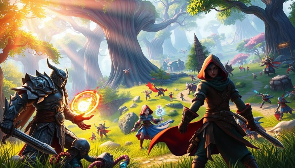 A vibrant and engaging scene depicting various gameplay classes from an MMO in a fantasy setting. In the foreground, show a warrior clad in intricately detailed armor, a mage casting a spell with glowing orbs, and a rogue stealthily lurking in the shadows. The middle ground features a lush, enchanted forest with towering trees and mystical creatures, suggesting exploration. In the background, hints of a bustling town can be seen with players interacting, engaging in quests, and participating in a PvP arena. The lighting is bright and colorful, with rays of sunlight filtering through the trees, evoking a sense of adventure and excitement. The overall atmosphere is lively and dynamic, capturing the essence of cooperative gameplay and exploration in a vibrant world.