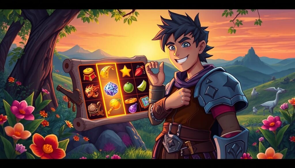 A vibrant and fantastical illustration of a gaming interface set in a lush, colorful fantasy world inspired by MMORPGs. In the foreground, a character wearing stylized medieval armor interacts with a glowing quest scroll, showcasing a shimmering slot feature filled with various mythical items and treasures. The character has an enthusiastic expression, suggesting excitement about the rewards ahead. The middle ground features lush greenery, vibrant flowers, and fantasy-themed creatures, while in the background, a serene landscape with rolling hills and a radiant sunset casts warm, golden light over the scene. The overall mood is engaging and adventurous, capturing the essence of epic quests that bring experience and valuable in-game currency. The angle is slightly tilted upward, emphasizing the character's dynamic interaction with the environment.