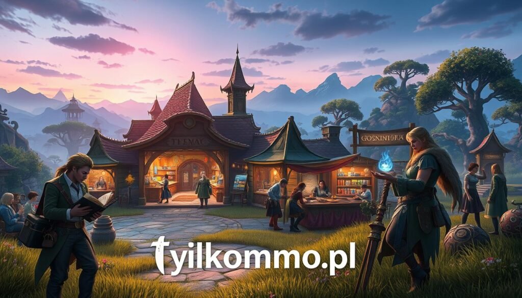 A vibrant and imaginative digital landscape depicting a character development scene in a niche MMO game. In the foreground, diverse characters in professional and modest fantasy attire, engaging in unique character-building activities—one character is studying ancient tomes, while another is crafting a unique weapon. The middle ground features a detailed, mystical marketplace bustling with activity and enchanted crafting stations, filled with colorful materials and glowing symbols. The background displays distant mountains and fantastical trees under a twilight sky, casting a soft, ethereal glow. Apply cinematic lighting to create depth, emphasizing the excitement of character progression in a magical world. The overall atmosphere is inviting, showcasing creativity and the allure of untraditional gameplay experiences. Visual branding subtly incorporates "tylkommo.pl" within the scene without dominating the composition.