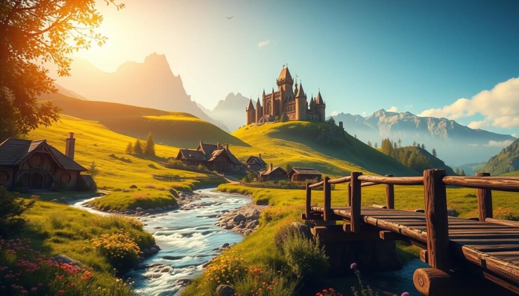 A vibrant and immersive Middle-earth landscape, featuring lush green hills, towering mountains, and a serene river winding through the scene. In the foreground, a wooden bridge over a sparkling stream connects to a quaint village with hobbit-style homes, their round doors and windows adding charm. The middle ground showcases a majestic castle perched atop a hill, bathed in warm, golden sunlight, while colorful wildflowers bloom at the base. In the background, misty mountains loom under a clear blue sky, evoking a sense of adventure. The atmosphere is magical, inviting, and filled with a sense of exploration, reminiscent of classic MMORPGs. Captured from a low angle to emphasize the grandeur of the landscape, suitable for an article on immersive gaming experiences by tylkommo.pl. A vibrant and immersive Middle-earth landscape, featuring lush green hills, towering mountains, and a serene river winding through the scene. In the foreground, a wooden bridge over a sparkling stream connects to a quaint village with hobbit-style homes, their round doors and windows adding charm. The middle ground showcases a majestic castle perched atop a hill, bathed in warm, golden sunlight, while colorful wildflowers bloom at the base. In the background, misty mountains loom under a clear blue sky, evoking a sense of adventure. The atmosphere is magical, inviting, and filled with a sense of exploration, reminiscent of classic MMORPGs. Captured from a low angle to emphasize the grandeur of the landscape, suitable for an article on immersive gaming experiences by tylkommo.pl.