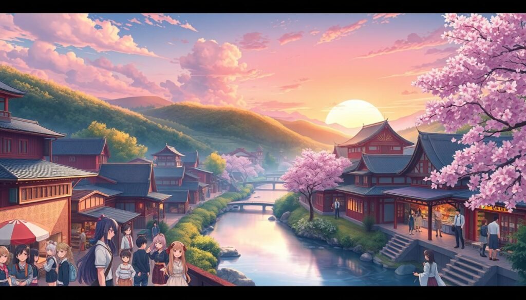 A vibrant and immersive anime world landscape, showcasing a fantasy village with colorful traditional architecture and lush, rolling hills in the background. In the foreground, a bustling marketplace filled with beautifully designed anime characters dressed in casual, culturally inspired clothing, engaging in lively exchanges. The middle ground features a serene river reflecting the soft pastel hues of the sky at sunset, casting a warm and inviting ambiance. The lighting is soft and dreamy, highlighting the intricate details of the buildings and characters, with cherry blossom trees adding a touch of whimsy. The overall atmosphere should evoke nostalgia and adventure, capturing the essence of an engaging MMO experience on a mobile screen.