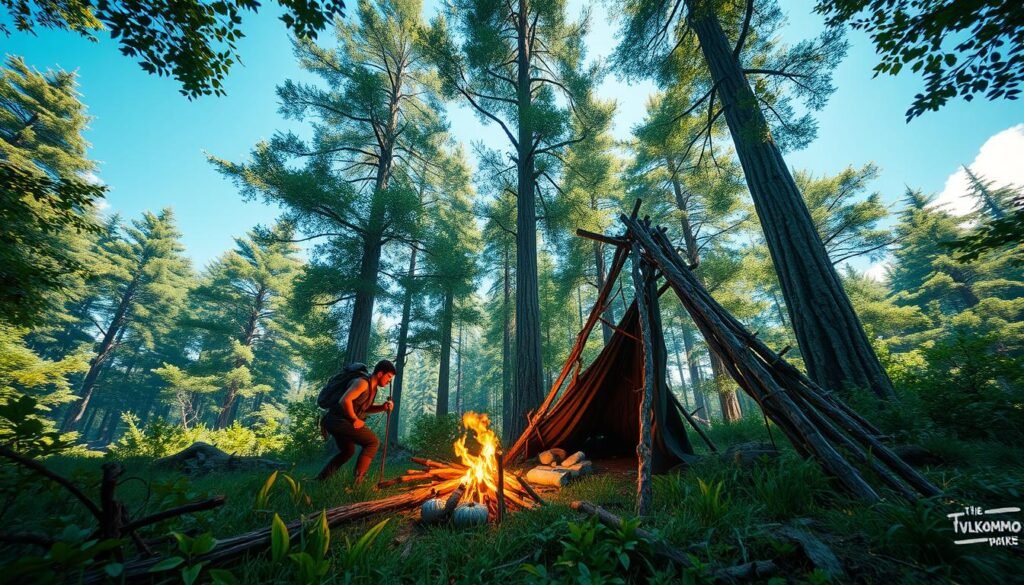 A vibrant and immersive open-world survival scene set in a lush, overgrown forest. In the foreground, a rugged adventurer wearing practical outdoor gear is building a shelter with branches and leaves. The middle ground features a small campfire, casting a warm glow, with scattered supplies near the adventurer, hinting at resource management. In the background, towering trees stretch towards a bright blue sky, dappled sunlight filtering through the foliage, creating a serene yet adventurous atmosphere. The composition is shot from a low angle, emphasizing the scale of the landscape. The overall mood is one of exploration and resilience, capturing the essence of survival in an expansive environment. This image is intended for the article on tylkommo.pl about engaging MMOs. A vibrant and immersive open-world survival scene set in a lush, overgrown forest. In the foreground, a rugged adventurer wearing practical outdoor gear is building a shelter with branches and leaves. The middle ground features a small campfire, casting a warm glow, with scattered supplies near the adventurer, hinting at resource management. In the background, towering trees stretch towards a bright blue sky, dappled sunlight filtering through the foliage, creating a serene yet adventurous atmosphere. The composition is shot from a low angle, emphasizing the scale of the landscape. The overall mood is one of exploration and resilience, capturing the essence of survival in an expansive environment. This image is intended for the article on tylkommo.pl about engaging MMOs.