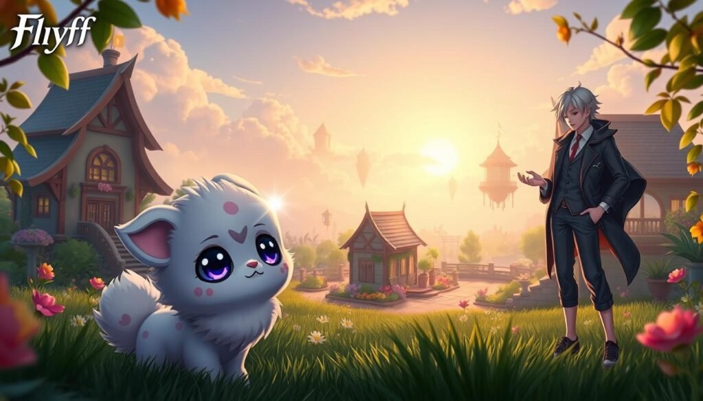A vibrant and inviting gaming environment in a fantasy world, showcasing colorful pets and cosmetics that enhance the player experience in Flyff Universe. In the foreground, a playful, fluffy pet with large eyes and unique patterns interacts with an elegant character dressed in stylish, casual attire, admiring a shining cosmetic item. In the middle, a beautifully designed housing area with lush gardens, various decorative elements, and a cozy atmosphere enhances the sense of community. The background features a distant, whimsical landscape with soft clouds and floating islands illuminated by a warm sunset glow. The lighting is soft and diffused, creating a serene and welcoming mood, ideal for highlighting the game's comfort, stats, and quality of life. Frame the scene with a gentle, slightly angled view to add depth.