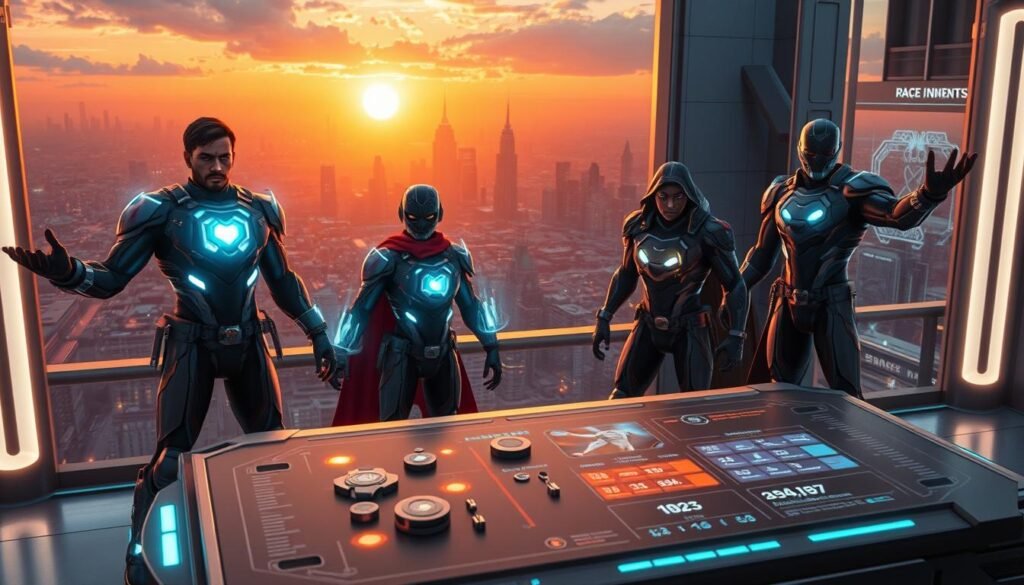 A vibrant digital art scene showcasing a futuristic urban environment infused with enhancements for heroes. In the foreground, a diverse group of three heroes in dynamic poses outlines their powers, with glowing enhancements visibly slotting into their suits. The middle ground features a detailed view of an advanced crafting table with various enhancement components, glowing brightly, and holographic displays showing stats. The background depicts a sprawling city skyline under a sunset, casting warm orange and purple hues across the scene, creating a sense of possibility and adventure. The atmosphere is energetic and hopeful, with dramatic lighting highlighting the enhancements. Capture this moment from a slightly elevated angle to emphasize the action and the intricate details of the enhancements.