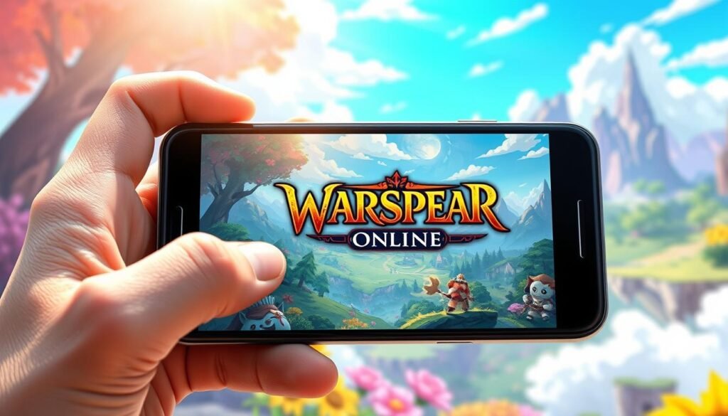 A vibrant digital illustration depicting the immersive world of "Warspear Online" on an Android device. In the foreground, a close-up of a person’s hand holding a smartphone, showcasing the game's colorful 2D graphics with iconic characters and fantasy landscapes visible on the screen. The middle ground features a mystical environment with enchanted forests and distant mountains, enhancing the fantasy theme. In the background, a stylized sky adorned with clouds and hints of magic creates a captivating atmosphere. The lighting is bright and inviting, simulating a sunny day, while the camera angle focuses on the device, emphasizing the excitement of installation and gameplay. The overall mood should convey a sense of adventure and community within the MMO world. A vibrant digital illustration depicting the immersive world of "Warspear Online" on an Android device. In the foreground, a close-up of a person’s hand holding a smartphone, showcasing the game's colorful 2D graphics with iconic characters and fantasy landscapes visible on the screen. The middle ground features a mystical environment with enchanted forests and distant mountains, enhancing the fantasy theme. In the background, a stylized sky adorned with clouds and hints of magic creates a captivating atmosphere. The lighting is bright and inviting, simulating a sunny day, while the camera angle focuses on the device, emphasizing the excitement of installation and gameplay. The overall mood should convey a sense of adventure and community within the MMO world.