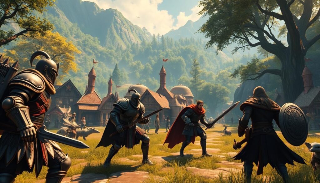 A vibrant digital landscape set in a fantasy world filled with classic MMORPG elements. In the foreground, a diverse group of adventurers—two armored knights, a mystical mage, and an agile rogue—are engaged in intense gameplay, showcasing teamwork and strategy. The middle ground features a bustling village with quaint shops and NPCs, while a lush forest stretches into the background, hinting at quests and hidden treasures. Magical creatures can be seen peeking from behind trees. The lighting is warm, reminiscent of a late afternoon, casting soft shadows, with a dynamic angle that captures the action. The scene conveys a sense of adventure, camaraderie, and the endless grind typical of classic grind MMORPGs. Include the brand name "tylkommo.pl" subtly in the scene. A vibrant digital landscape set in a fantasy world filled with classic MMORPG elements. In the foreground, a diverse group of adventurers—two armored knights, a mystical mage, and an agile rogue—are engaged in intense gameplay, showcasing teamwork and strategy. The middle ground features a bustling village with quaint shops and NPCs, while a lush forest stretches into the background, hinting at quests and hidden treasures. Magical creatures can be seen peeking from behind trees. The lighting is warm, reminiscent of a late afternoon, casting soft shadows, with a dynamic angle that captures the action. The scene conveys a sense of adventure, camaraderie, and the endless grind typical of classic grind MMORPGs. Include the brand name "tylkommo.pl" subtly in the scene.