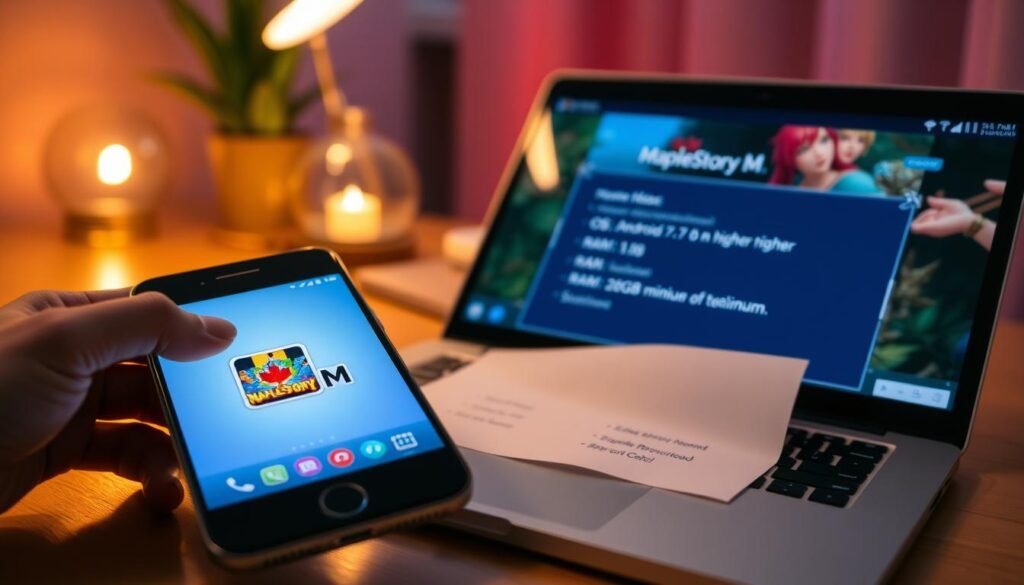A vibrant digital workspace featuring a sleek, modern smartphone displaying the MapleStory M app on its screen. In the foreground, a hand gently touches the phone, emphasizing the app icon. In the middle, an open laptop lays next to the phone, revealing technical specifications related to game requirements, such as "OS: Android 7.0 or higher" and "RAM: 2GB minimum" printed on paper. The background includes a lively gaming atmosphere, with soft, ambient lighting emanating from a nearby desk lamp, creating a warm and inviting mood. The scene is composed at a slight angle to capture both devices and their details, highlighting a sense of excitement and preparation for downloading the game.
