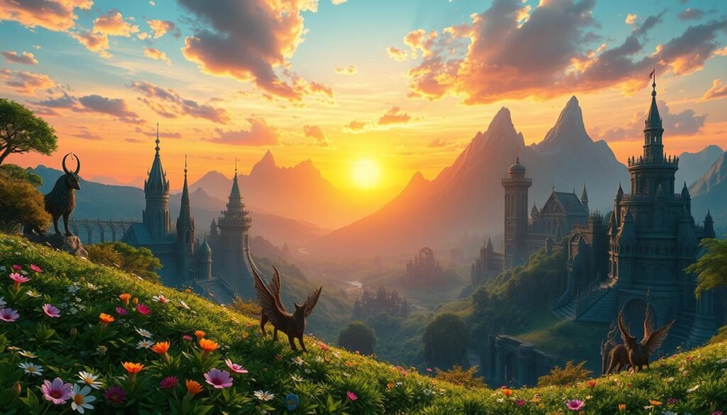 A vibrant, expansive fantasy landscape representing the world of Toram Online, showcasing the diverse setting of four distinct factions. In the foreground, lush greenery with colorful flowers and mythical creatures, symbolizing peace and magic. The middle ground features intricate structures from each faction, showcasing their unique architectural styles: elegant elven towers, sturdy stone fortresses, mystical ruins. In the background, majestic mountains tower under a vividly colored sky at sunset, casting warm light across the scene. Soft, ethereal lighting enhances the magical atmosphere, while distant clouds add depth. Capture a sense of adventure and camaraderie, inviting players into a vast, interconnected world brimming with lore and exploration. Use a wide-angle lens to emphasize the grandeur and detail of this enchanting landscape, ensuring a fantastical and immersive experience. A vibrant, expansive fantasy landscape representing the world of Toram Online, showcasing the diverse setting of four distinct factions. In the foreground, lush greenery with colorful flowers and mythical creatures, symbolizing peace and magic. The middle ground features intricate structures from each faction, showcasing their unique architectural styles: elegant elven towers, sturdy stone fortresses, mystical ruins. In the background, majestic mountains tower under a vividly colored sky at sunset, casting warm light across the scene. Soft, ethereal lighting enhances the magical atmosphere, while distant clouds add depth. Capture a sense of adventure and camaraderie, inviting players into a vast, interconnected world brimming with lore and exploration. Use a wide-angle lens to emphasize the grandeur and detail of this enchanting landscape, ensuring a fantastical and immersive experience.
