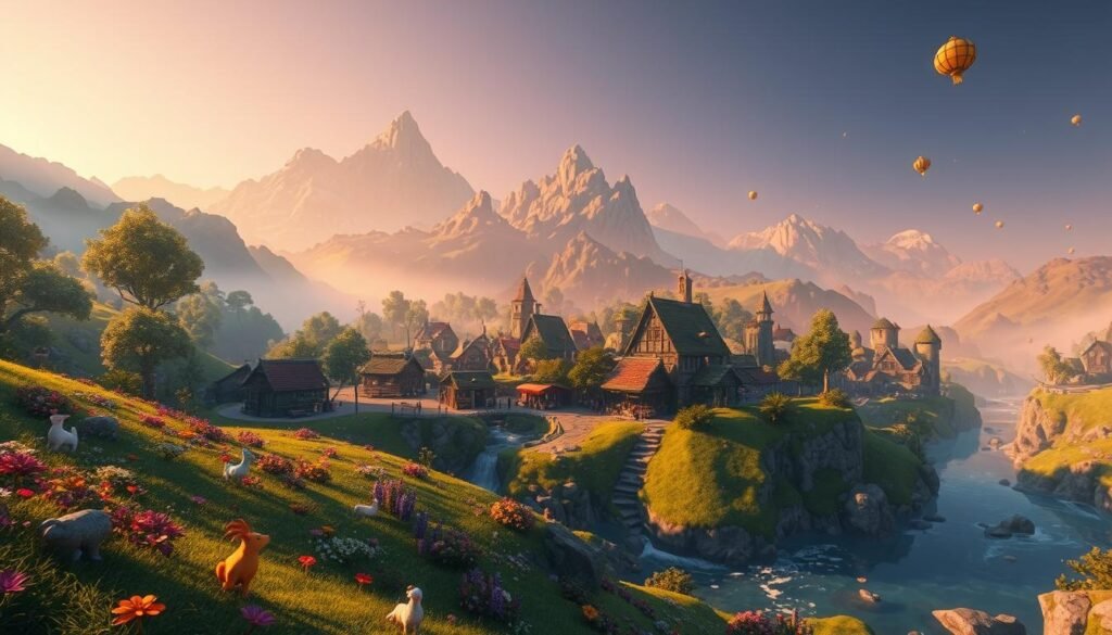 A vibrant, fantastical world of Aetery unfolds, showcasing a lush, rolling landscape in the foreground dotted with colorful flora and whimsical creatures. In the middle ground, a charming medieval village with thatched-roof cottages and bustling market stalls basks in the warm glow of a setting sun. Majestic mountains loom in the background, shrouded in mist and bathed in soft golden hues. A clear, sparkling river weaves through the scene, reflecting the enchanting surroundings. The atmosphere is alive with fantasy elements like floating lanterns and ethereal light trails. Utilize a wide-angle lens to capture the expansiveness of the landscape, with a slight tilt to emphasize depth. The overall mood is adventurous and inviting, evoking a sense of exploration and wonder, perfect for an epic gaming experience.