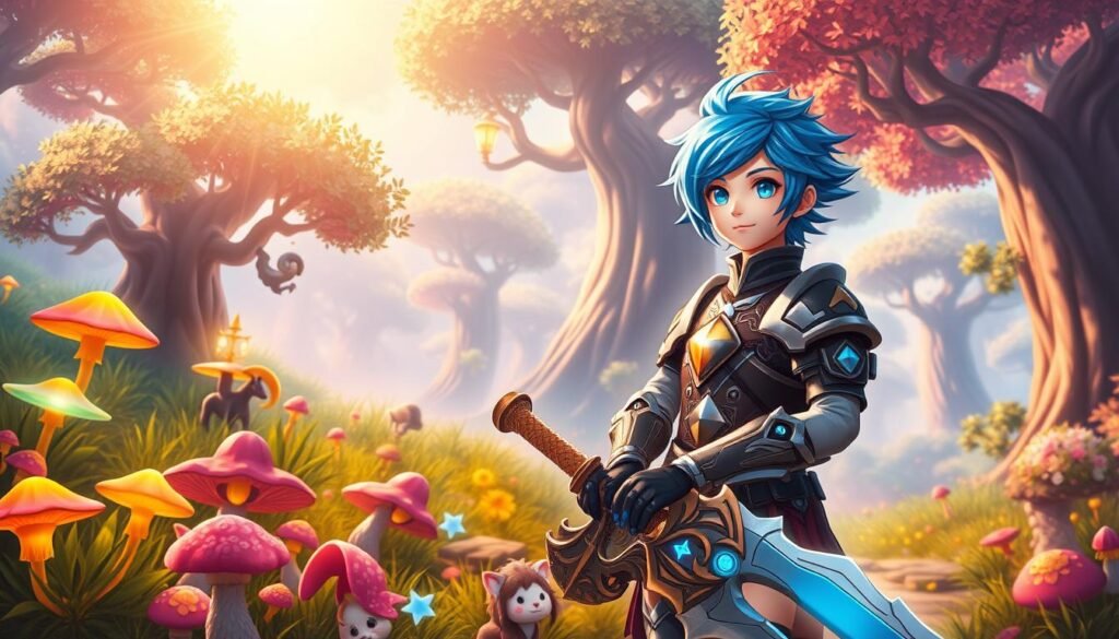A vibrant fantasy character from an MMORPG, standing confidently in a lush, colorful environment inspired by anime aesthetics. The character is a young warrior with striking blue hair, wearing intricately detailed armor that gleams under a warm, golden sunlight. In the foreground, the character holds a large, ornate sword, showcasing their readiness for adventure. The middle ground features fantastical creatures and flora, like glowing mushrooms and whimsical animals, adding to the enchanting atmosphere. In the background, a sprawling, magical forest stretches into the distance with towering trees and shimmering light filtering through the leaves. The overall mood is one of excitement and camaraderie, inviting players to immerse themselves in this lively community. The scene is captured with a soft-focus lens, creating a dreamy, immersive quality.