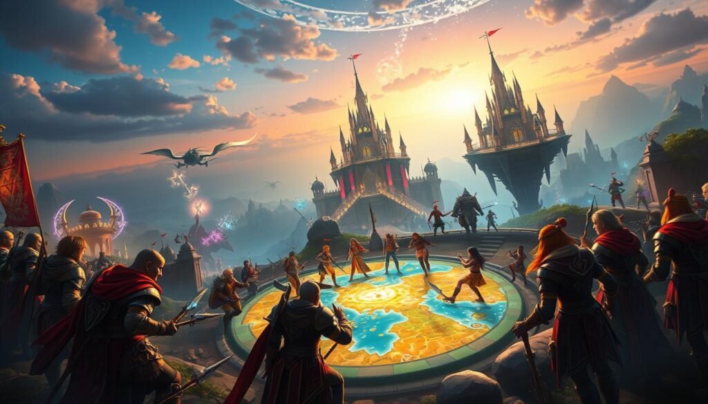 A vibrant fantasy landscape depicting an adventurous scene in a bustling MMORPG setting. In the foreground, a diverse group of heroes clad in colorful, intricate armor is strategizing around a glowing magical map, showcasing teamwork and camaraderie. In the middle ground, various quests are actively unfolding: a mystical creature is being tamed, while another group is battling a formidable foe. The background features a majestic floating castle under a dazzling sky that transitions from twilight to night, illuminated by ethereal lights. The atmosphere is energetic and inspiring, filled with a sense of exploration and unity. The image should have a dynamic angle, capturing the excitement of gameplay, with soft, enchanted lighting that enhances the magical ambiance.