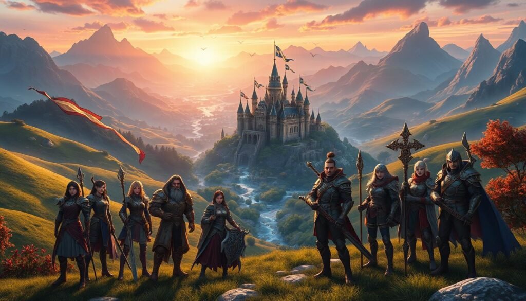 A vibrant fantasy landscape depicting an expansive world inspired by MMORPGs, featuring lush green hills and towering mountains in the background. In the foreground, a diverse group of heroic characters in professional attire stands ready for adventure, holding weapons and magic staffs, showcasing various armor designs. The middle ground reveals an intricately designed medieval castle with banners fluttering in the breeze, surrounded by enchanted forests and sparkling rivers. The sky is ablaze with warm hues of sunset, casting soft, dynamic lighting across the scene. The atmosphere is one of excitement and camaraderie, perfectly capturing the essence of a mobile gaming experience filled with epic battles and quests, inviting players into a rich, immersive world.