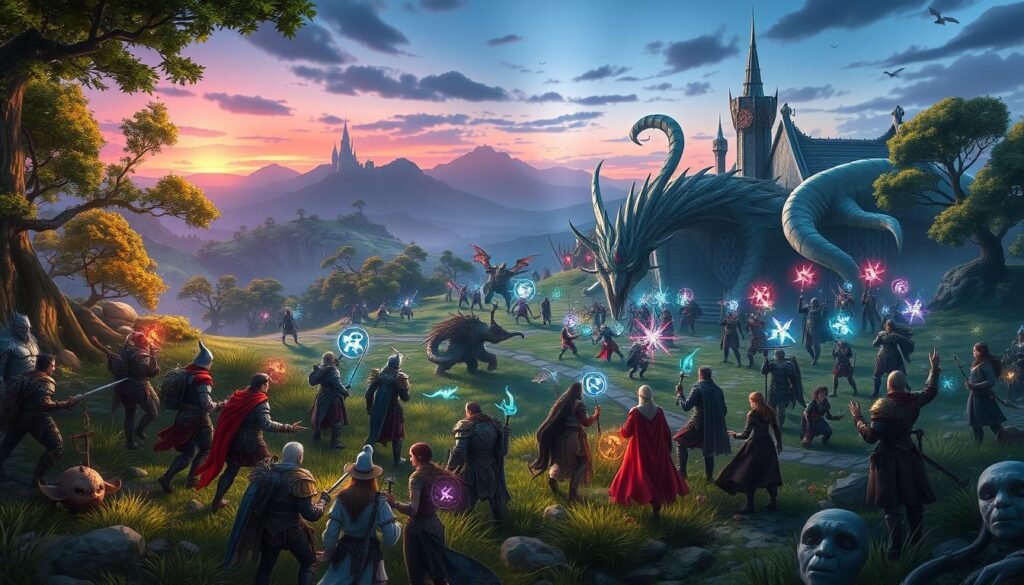 A vibrant fantasy landscape featuring a lush, enchanted forest on one side and a dramatic battlefield on the other, representing PVE and PVP in an MMORPG context. In the foreground, a diverse group of adventurers, clad in colorful, detailed armor and outfits, are strategizing together amidst magical creatures and glowing runes. In the middle ground, groups of players engage in an intense duel, showcasing dynamic spells and combat moves, while others collaborate to defeat a colossal, fearsome monster. The background features a mystical castle and distant mountains under a twilight sky, illuminated by radiant, magical effects. The atmosphere is filled with excitement and camaraderie, reflecting the essence of teamwork and competition. The scene captures the enchanting yet challenging elements of an MMORPG experience. A vibrant fantasy landscape featuring a lush, enchanted forest on one side and a dramatic battlefield on the other, representing PVE and PVP in an MMORPG context. In the foreground, a diverse group of adventurers, clad in colorful, detailed armor and outfits, are strategizing together amidst magical creatures and glowing runes. In the middle ground, groups of players engage in an intense duel, showcasing dynamic spells and combat moves, while others collaborate to defeat a colossal, fearsome monster. The background features a mystical castle and distant mountains under a twilight sky, illuminated by radiant, magical effects. The atmosphere is filled with excitement and camaraderie, reflecting the essence of teamwork and competition. The scene captures the enchanting yet challenging elements of an MMORPG experience.