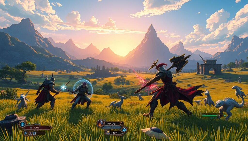 A vibrant fantasy landscape featuring an expansive 2D open world reminiscent of classic MMO settings. In the foreground, a dynamic PvP scene unfolds with two armored characters, a warrior and a mage, engaged in an epic duel, showcasing their unique abilities and spells. The middle ground reveals a lush, grassy terrain dotted with mystical creatures and ancient ruins, emphasizing exploration. In the background, towering mountains under a blue sky transition into a glowing sunset, casting warm light across the scene. Incorporate dramatic shadows for depth and capture a sense of excitement and adventure. The atmosphere should feel lively and exhilarating, inviting players to immerse themselves in the vast world of adventure, quests, and legendary battles. A vibrant fantasy landscape featuring an expansive 2D open world reminiscent of classic MMO settings. In the foreground, a dynamic PvP scene unfolds with two armored characters, a warrior and a mage, engaged in an epic duel, showcasing their unique abilities and spells. The middle ground reveals a lush, grassy terrain dotted with mystical creatures and ancient ruins, emphasizing exploration. In the background, towering mountains under a blue sky transition into a glowing sunset, casting warm light across the scene. Incorporate dramatic shadows for depth and capture a sense of excitement and adventure. The atmosphere should feel lively and exhilarating, inviting players to immerse themselves in the vast world of adventure, quests, and legendary battles.
