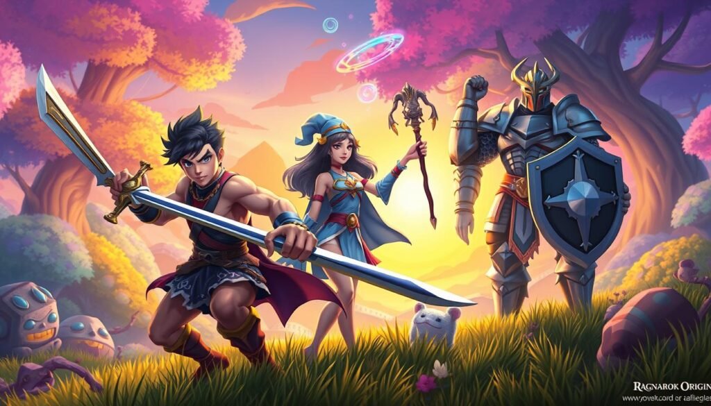 A vibrant fantasy landscape inspired by "Ragnarok Origin," featuring three distinct characters representing DPS, support, and tank roles. In the foreground, a fierce warrior with a sword radiates energy, embodying the DPS role, his muscles tense with focus. To his side, a wise-looking mage with a staff, representing support, conjures magical symbols in the air, with a serene expression. Behind them, a sturdy knight in shiny armor symbolizes the tank, standing protectively, shield raised. The background showcases a colorful, enchanted forest with softly glowing trees and mystical creatures, lit by a warm, golden sunset. The mood is adventurous and nostalgic, capturing the essence of camaraderie in an MMO world.