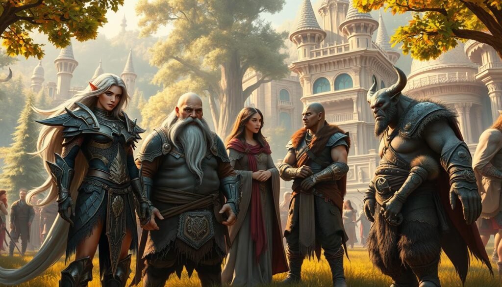 A vibrant fantasy landscape showcasing various mythical races in a harmonious gathering. In the foreground, a tall, elegant elf with flowing hair adorned in intricate armor stands proudly next to a stout but noble dwarf in heavy, ornate gear. In the middle ground, a graceful human mage cloaked in robes converses with a fierce-looking orc warrior, showcasing contrasting cultures and aesthetics. The background features lush forests and elaborate architecture, hinting at a rich civilization. Soft, warm lighting filters through the trees, casting gentle shadows and highlighting the characters' diverse features. The atmosphere is one of unity and excitement, suggesting the beginnings of an epic adventure. Use a wide-angle lens to capture the expansive setting and a slightly elevated angle for depth.