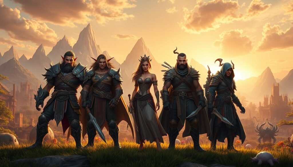 A vibrant fantasy scene depicting a diverse group of characters from a mythical MMO world. In the foreground, a sturdy warrior in ornate armor, a mystical mage with flowing robes, and a nimble rogue with stealthy gear stand confidently, showcasing their unique races and classes. Each character exhibits distinct features, such as pointed ears, tribal tattoos, and elaborate weaponry. In the middle ground, a lush fantasy landscape unfolds, featuring towering mountains, enchanted forests, and ancient ruins, teeming with magical creatures. The background reveals a glowing sunset sky, casting warm, golden light across the scene, enhancing the epic atmosphere. Use a wide-angle lens for depth, focusing on the characters while maintaining intricate details of their environment, creating a sense of adventure and teamwork.