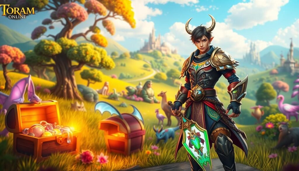 A vibrant fantasy scene depicting an avatar from "Toram Online" in a lush and colorful environment, showcasing a detailed character creation interface in the foreground. The character, dressed in intricate armor adorned with unique patterns, is standing confidently, holding a glowing weapon that symbolizes customization and personal power. In the middle ground, various fantastical creatures roam, and treasure chests filled with unique equipment glimmer under soft, ethereal lighting. The background features a whimsical landscape with rolling hills, majestic trees, and a distant castle under a bright blue sky. The atmosphere is adventurous and inviting, highlighting the limitless possibilities of character development in an MMORPG, with a slight focus on magical elements. Use a shallow depth of field to emphasize the character while softly blurring the background.