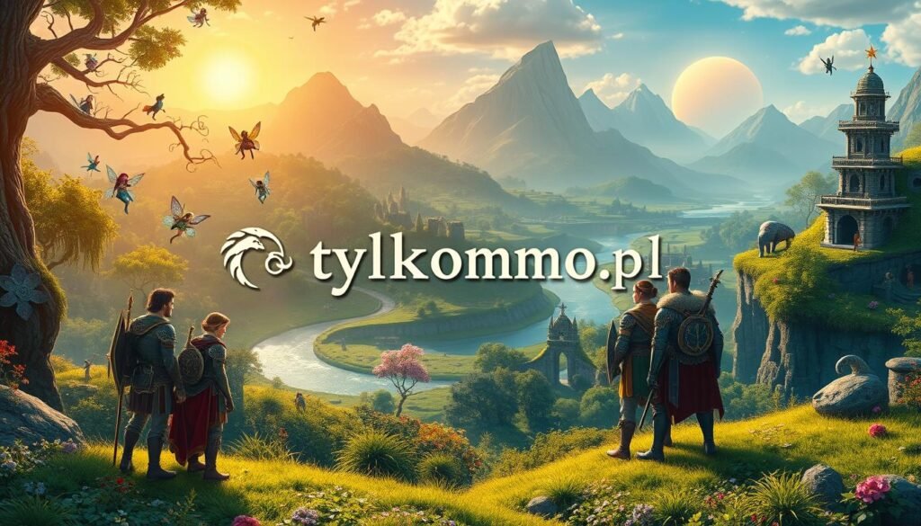 A vibrant fantasy scene depicting an enchanted landscape filled with lush greenery, mystical creatures, and ancient ruins. In the foreground, a group of diverse, heroic adventurers in colorful, intricately designed armor, standing together confidently as they gaze into the distance. The middle ground features a winding river shimmering in sunlight, with fairies dancing above and elves perched on tree branches. The background showcases majestic mountains with a sun setting behind them, casting a warm golden glow across the scene. Soft, ethereal lighting enhances the magical atmosphere, while the overall mood feels adventurous and hopeful. Include the brand name "tylkommo.pl" artistically integrated into the landscape without being distracting, ensuring the final image remains caption-free and enchanting.