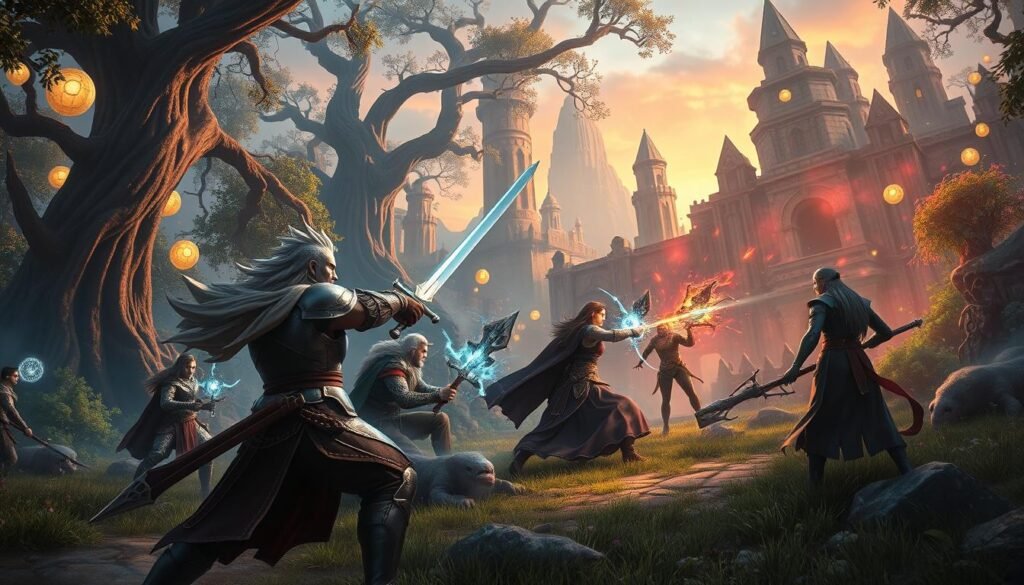 A vibrant fantasy scene showcasing a group of diverse character classes engaged in real-time battle in a lush, enchanted environment. In the foreground, a warrior in gleaming armor swings a sword, surrounded by magical spells cast by a mage with flowing robes, and a rogue darting stealthily between shadows. The middle ground features a healer focusing energy towards an ally, while fantastical creatures lurk nearby. In the background, towering ancient trees and mystical ruins softly illuminated by glowing orbs create an enchanting atmosphere. The lighting is dynamic, emphasizing the action with a warm, ethereal glow reminiscent of twilight. Capture this vibrant energy with a slightly low-angle shot for a dramatic perspective that enhances the sense of adventure and teamwork. A vibrant fantasy scene showcasing a group of diverse character classes engaged in real-time battle in a lush, enchanted environment. In the foreground, a warrior in gleaming armor swings a sword, surrounded by magical spells cast by a mage with flowing robes, and a rogue darting stealthily between shadows. The middle ground features a healer focusing energy towards an ally, while fantastical creatures lurk nearby. In the background, towering ancient trees and mystical ruins softly illuminated by glowing orbs create an enchanting atmosphere. The lighting is dynamic, emphasizing the action with a warm, ethereal glow reminiscent of twilight. Capture this vibrant energy with a slightly low-angle shot for a dramatic perspective that enhances the sense of adventure and teamwork.